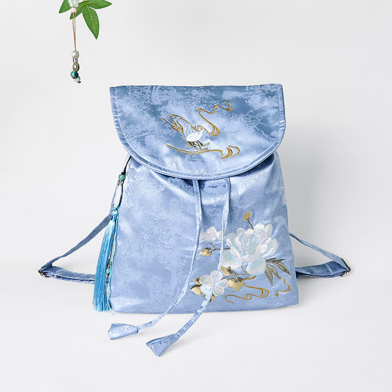 Nimara Ritual Handmade Blue Camellia Embroidered Large Capacity Polyester Cotton Backpack