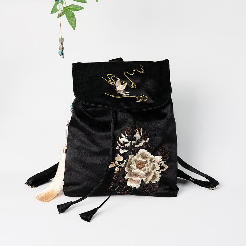 Nimara Ritual Handmade Black Peony Embroidered Large Capacity Polyester Cotton Backpack