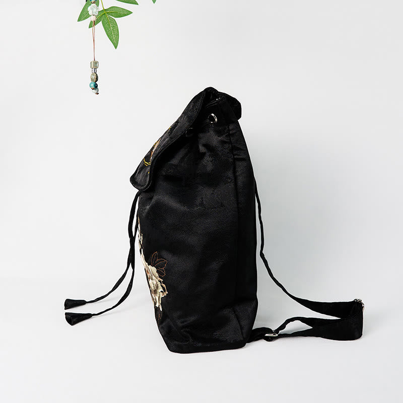 Nimara Ritual Handmade Black Peony Embroidered Large Capacity Polyester Cotton Backpack