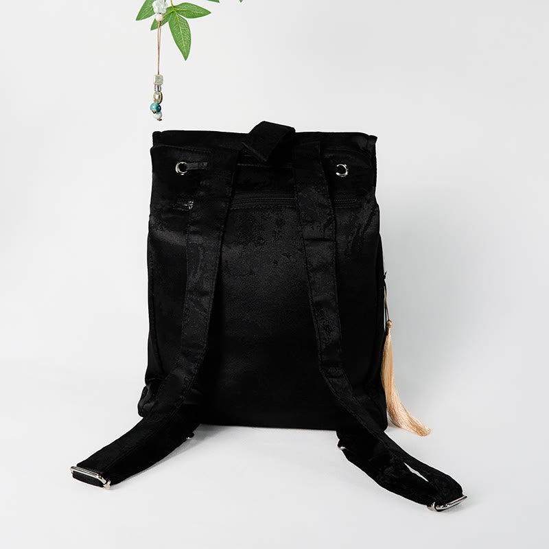 Nimara Ritual Handmade Black Peony Embroidered Large Capacity Polyester Cotton Backpack
