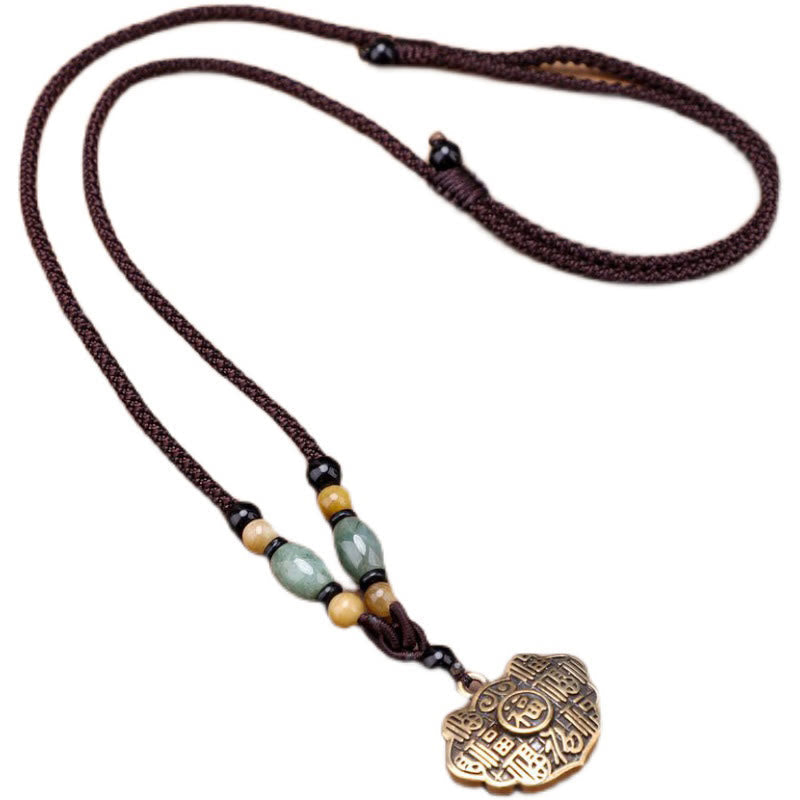 Nimara Ritual Copper Brass Fu Character Luck Fortune Rope Necklace Pendant