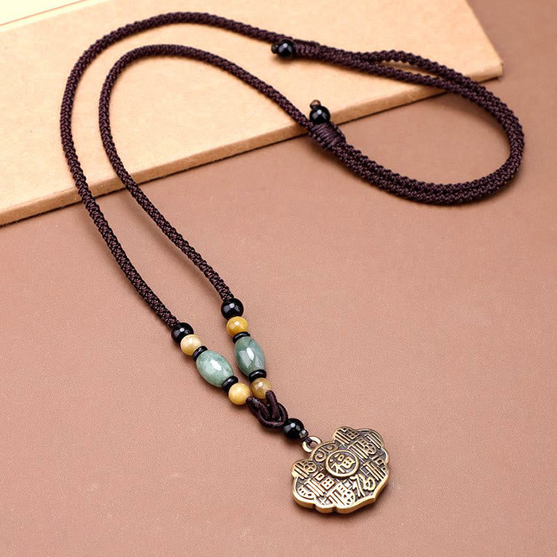 Nimara Ritual Copper Brass Fu Character Luck Fortune Rope Necklace Pendant