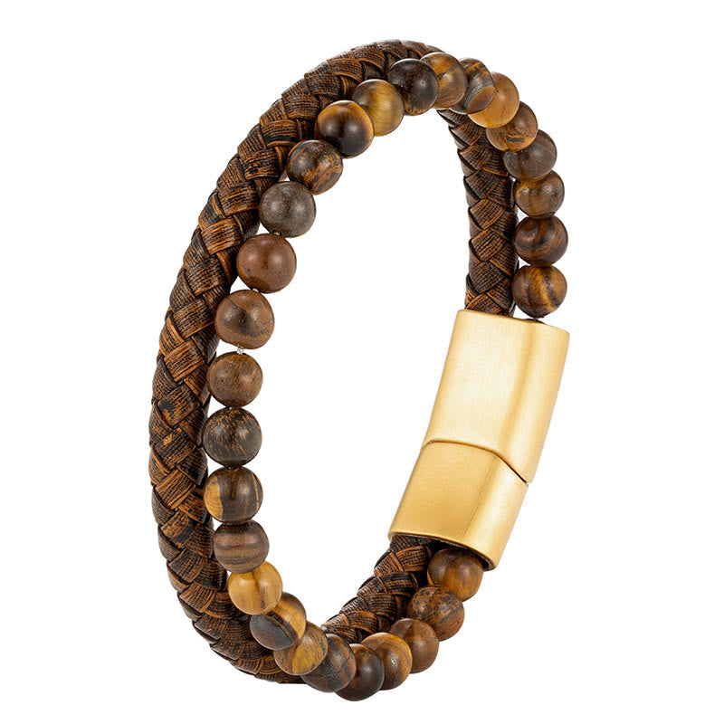 Nimara Ritual Multi-layer Woven Tiger Eye Stone Beads Leather Titanium Steel Strength Buckle Bracelet