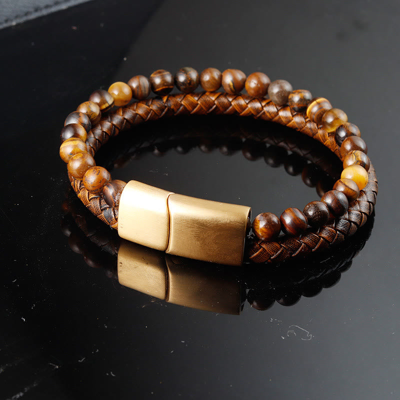 Nimara Ritual Multi-layer Woven Tiger Eye Stone Beads Leather Titanium Steel Strength Buckle Bracelet