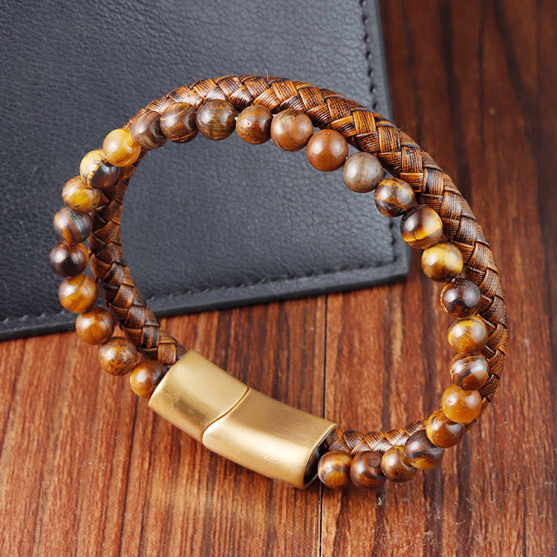 Nimara Ritual Multi-layer Woven Tiger Eye Stone Beads Leather Titanium Steel Strength Buckle Bracelet