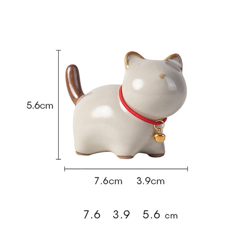 Nimara Ritual Mini Lucky Cute Standing Cat Red Rope Bell Ceramic Figurine Decoration