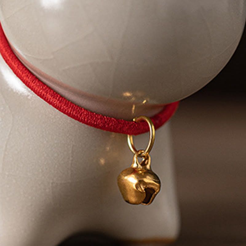Nimara Ritual Mini Lucky Cute Standing Cat Red Rope Bell Ceramic Figurine Decoration