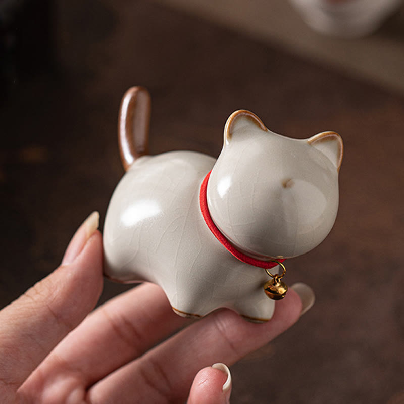 Nimara Ritual Mini Lucky Cute Standing Cat Red Rope Bell Ceramic Figurine Decoration