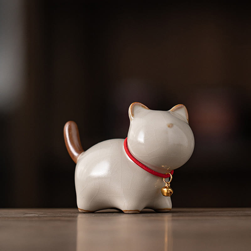 Nimara Ritual Mini Lucky Cute Standing Cat Red Rope Bell Ceramic Figurine Decoration