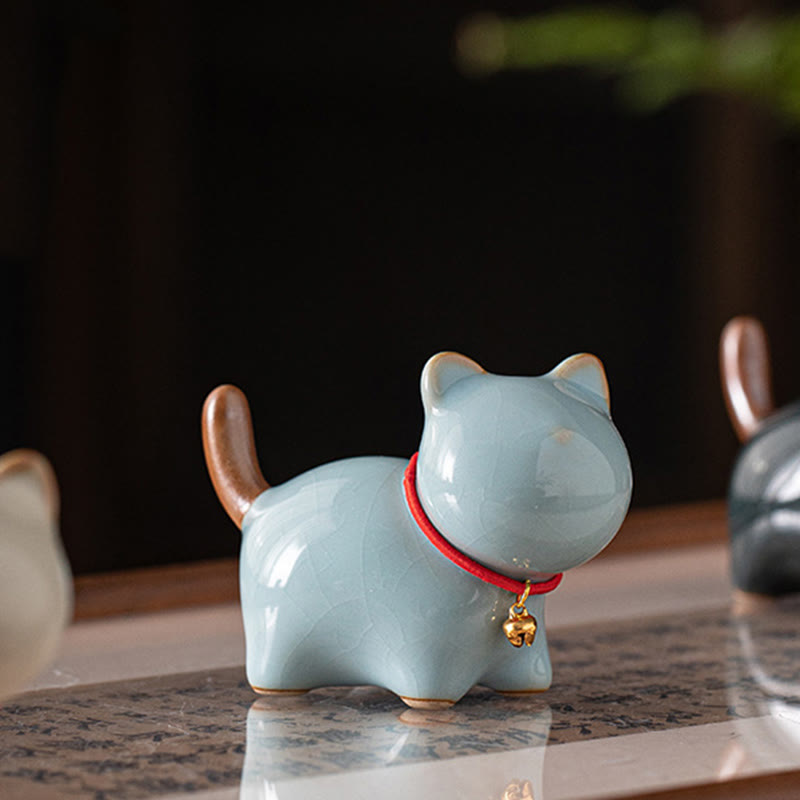 Nimara Ritual Mini Lucky Cute Standing Cat Red Rope Bell Ceramic Figurine Decoration