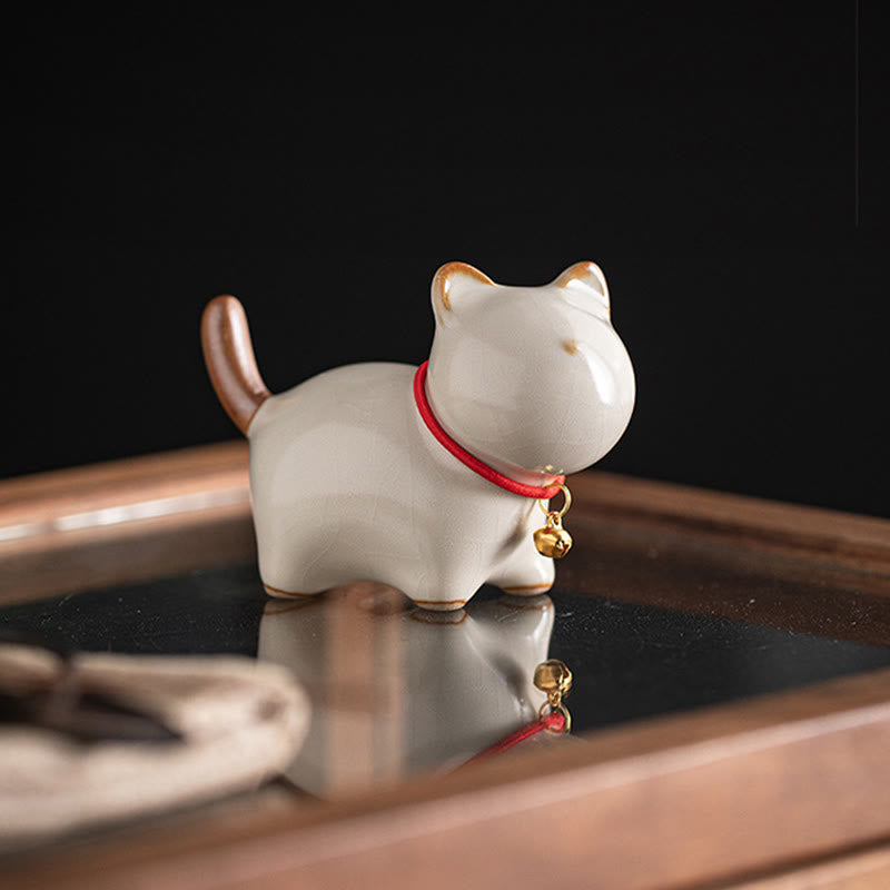 Nimara Ritual Mini Lucky Cute Standing Cat Red Rope Bell Ceramic Figurine Decoration