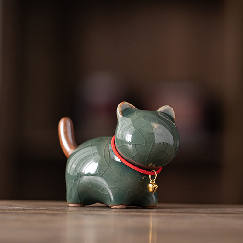 Nimara Ritual Mini Lucky Cute Standing Cat Red Rope Bell Ceramic Figurine Decoration