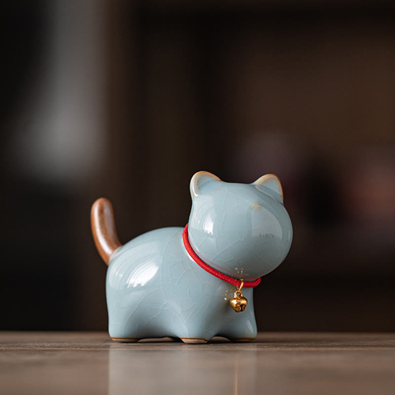 Nimara Ritual Mini Lucky Cute Standing Cat Red Rope Bell Ceramic Figurine Decoration