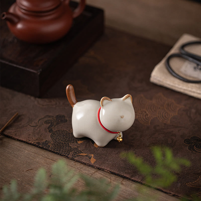 Nimara Ritual Mini Lucky Cute Standing Cat Red Rope Bell Ceramic Figurine Decoration