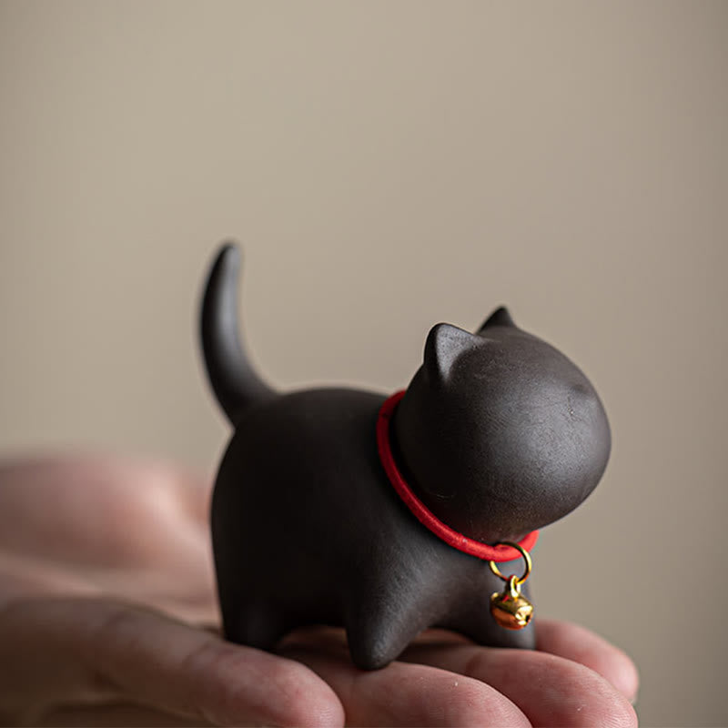 Nimara Ritual Mini Lovely Red Rope Bell Cat Tea Pet Purple Clay Figurine Desk Decoration