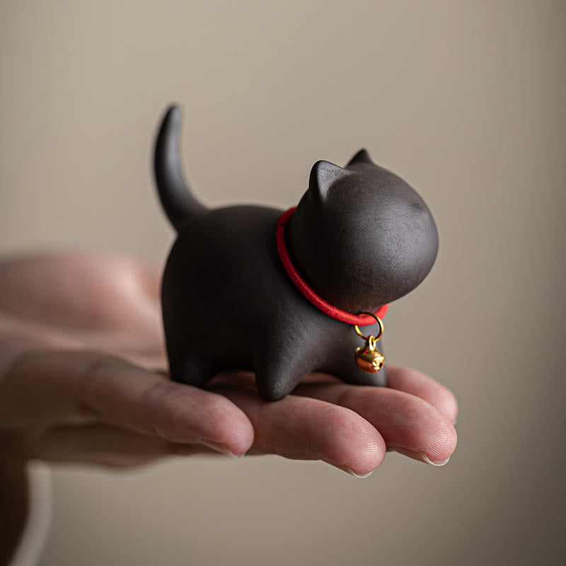 Nimara Ritual Mini Lovely Red Rope Bell Cat Tea Pet Purple Clay Figurine Desk Decoration
