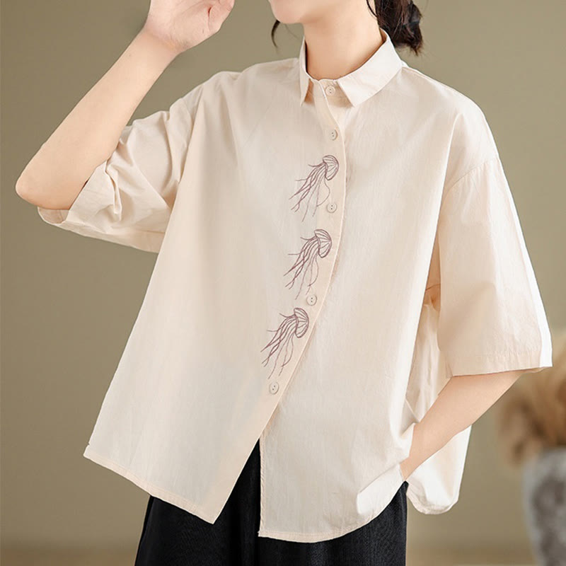 Nimara Ritual Casual Women's Embroidered Jellyfish Pattern Stand Collar Buttons Design Half Sleeve Cotton Shirt