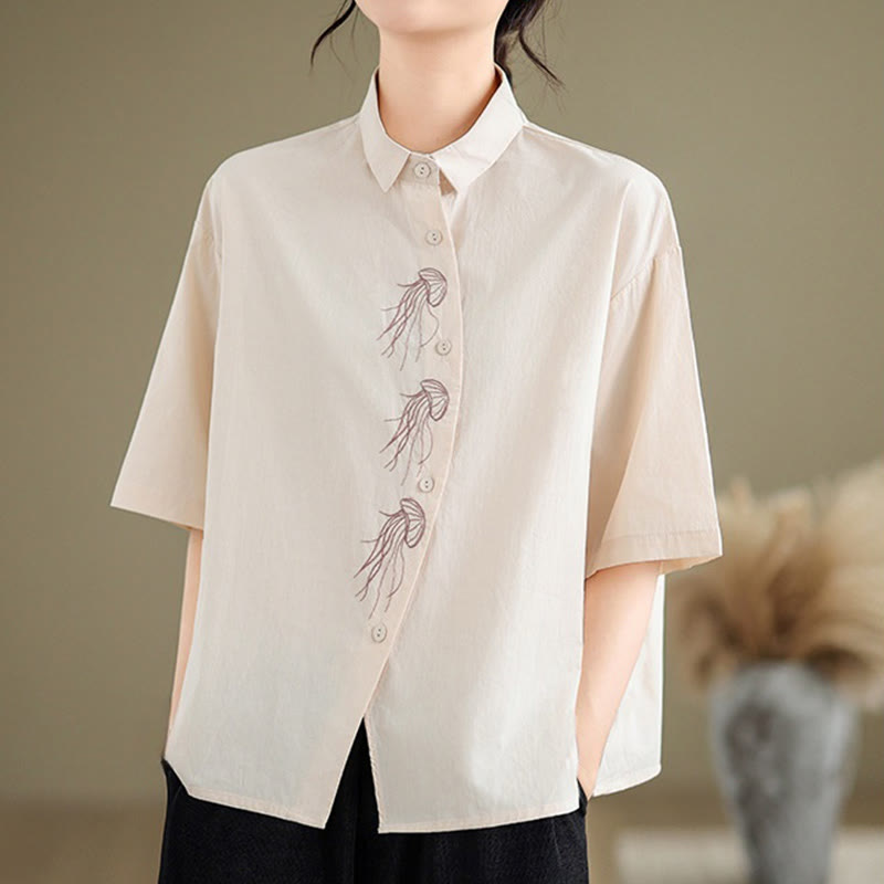 Nimara Ritual Casual Women's Embroidered Jellyfish Pattern Stand Collar Buttons Design Half Sleeve Cotton Shirt