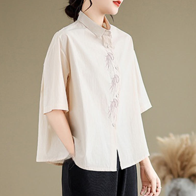Nimara Ritual Casual Women's Embroidered Jellyfish Pattern Stand Collar Buttons Design Half Sleeve Cotton Shirt