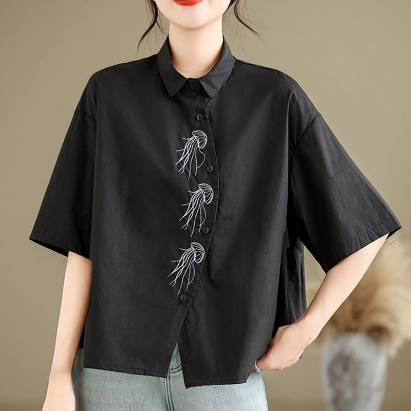 Nimara Ritual Casual Women's Embroidered Jellyfish Pattern Stand Collar Buttons Design Half Sleeve Cotton Shirt