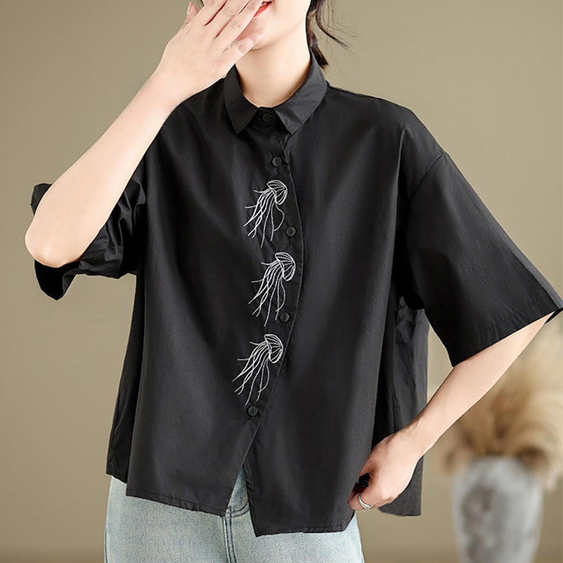 Nimara Ritual Casual Women's Embroidered Jellyfish Pattern Stand Collar Buttons Design Half Sleeve Cotton Shirt