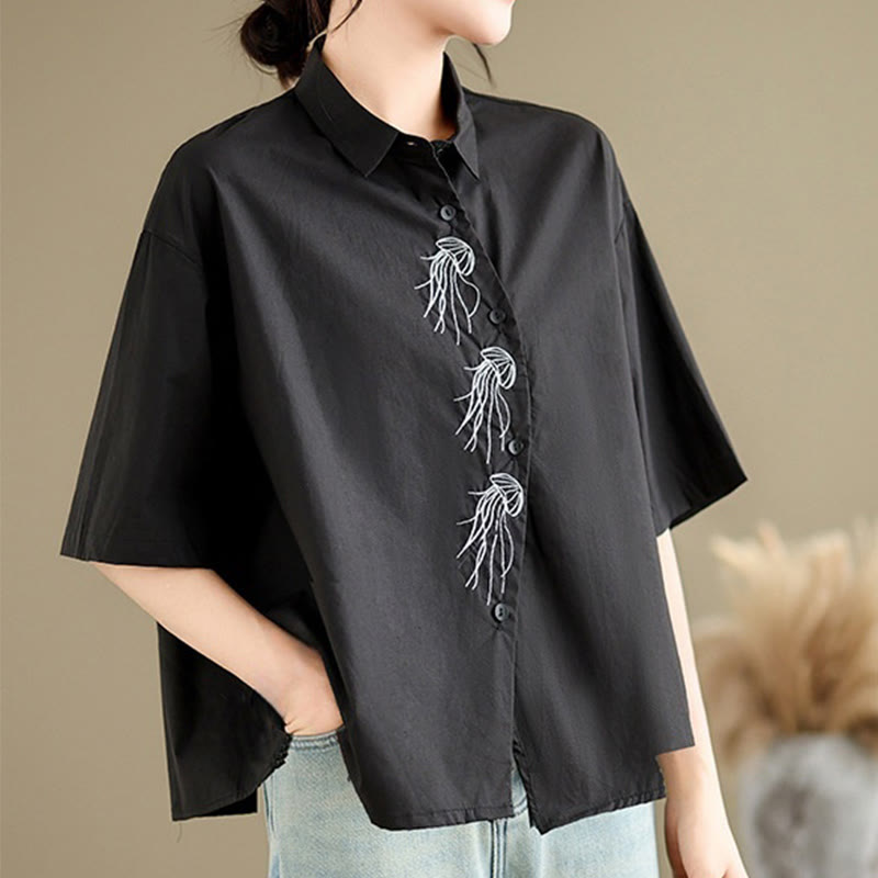 Nimara Ritual Casual Women's Embroidered Jellyfish Pattern Stand Collar Buttons Design Half Sleeve Cotton Shirt