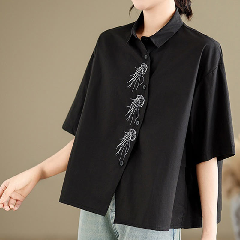 Nimara Ritual Casual Women's Embroidered Jellyfish Pattern Stand Collar Buttons Design Half Sleeve Cotton Shirt