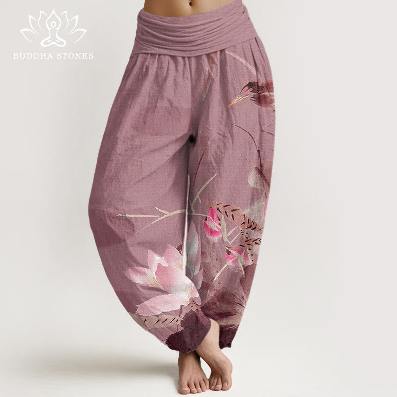 Nimara Ritual Cotton Pink Lotus Leaves Bird Pattern Women's Elastic Waist Harem Pants