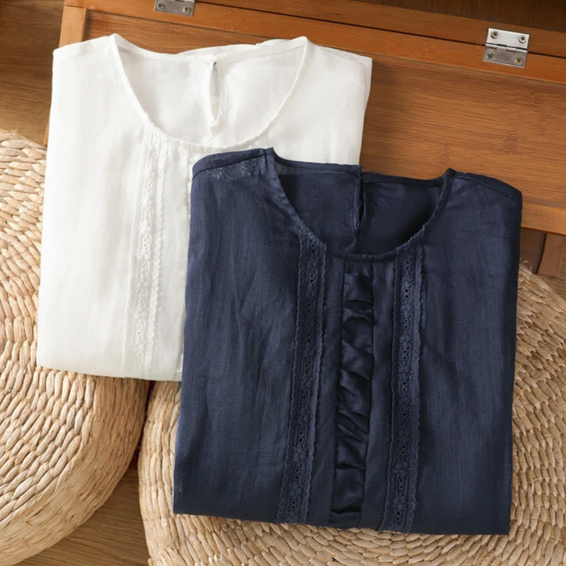 Nimara Ritual Casual Pure Color Crew Neck Women's Cotton Linen Three Quarter Sleeve Shirt