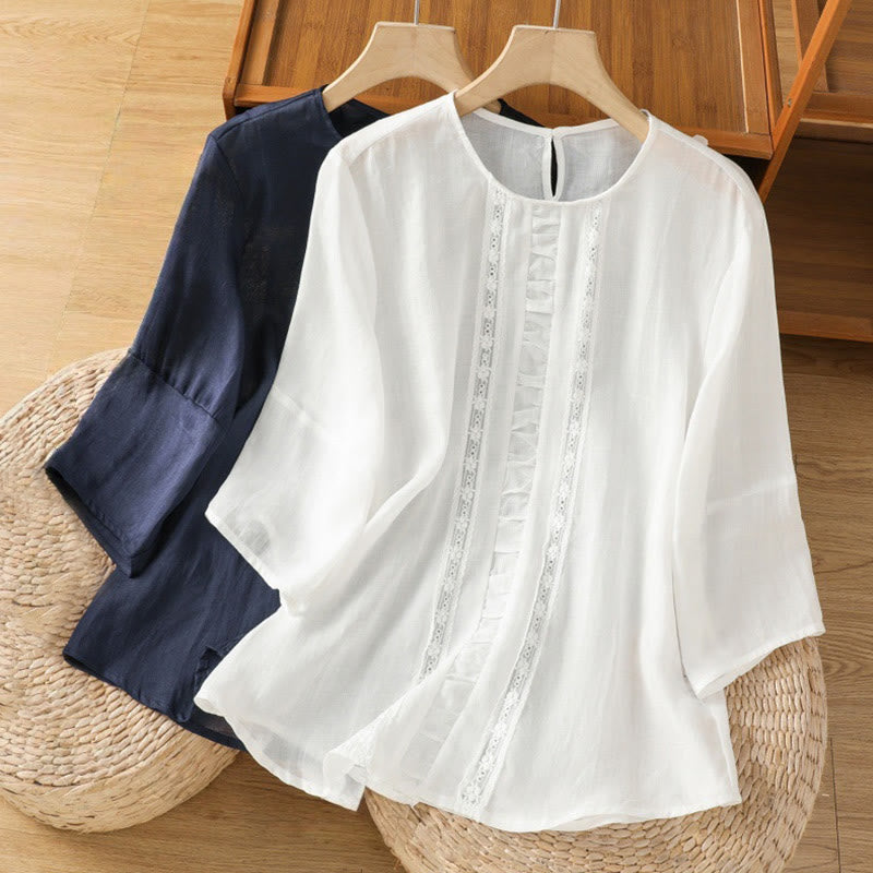 Nimara Ritual Casual Pure Color Crew Neck Women's Cotton Linen Three Quarter Sleeve Shirt