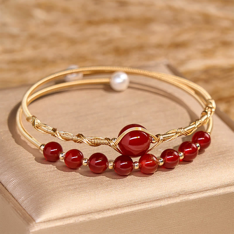 Nimara Ritual 14K Gold Filled Copper Natural Red Agate Beads Confidence Metal Cuff Bracelet Bangle