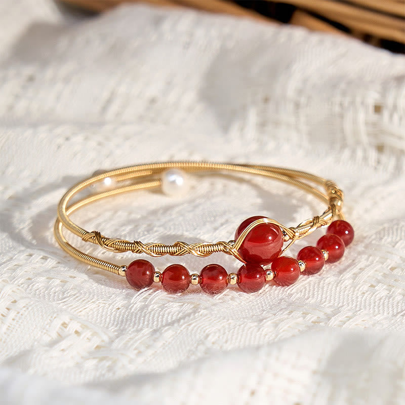 Nimara Ritual 14K Gold Filled Copper Natural Red Agate Beads Confidence Metal Cuff Bracelet Bangle