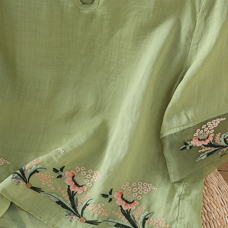 Nimara Ritual Casual Floral Embroidery Crew Neck Women's Frog-Button Polyester Half Sleeve Shirt