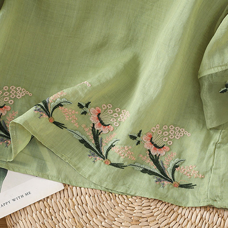 Nimara Ritual Casual Floral Embroidery Crew Neck Women's Frog-Button Polyester Half Sleeve Shirt