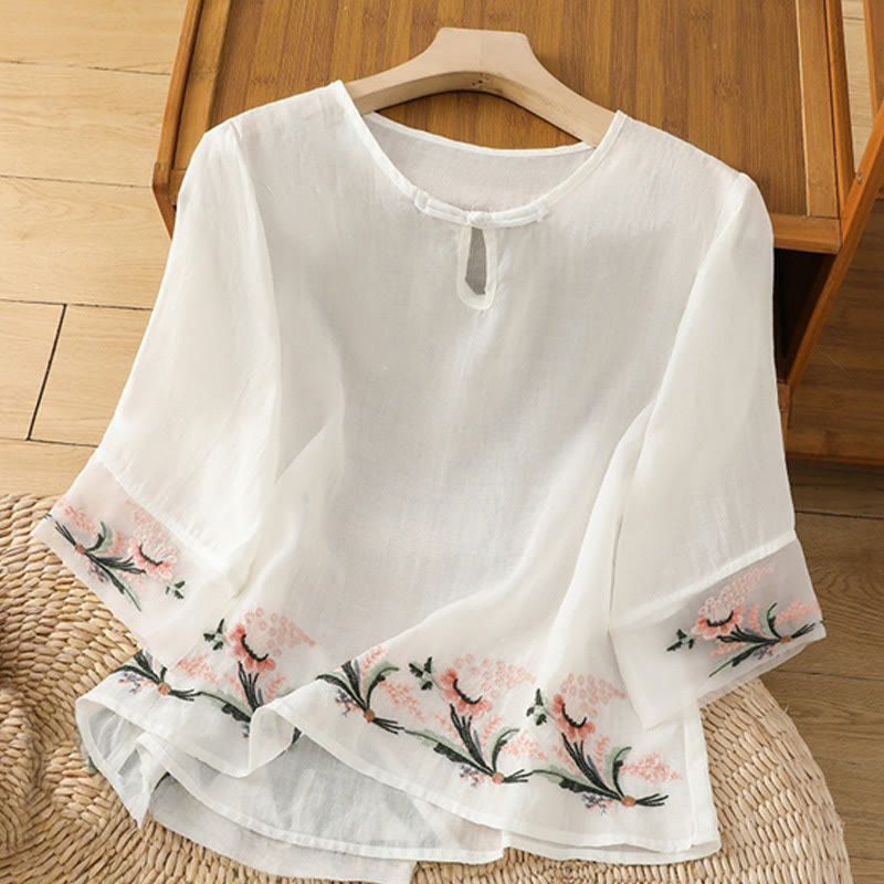 Nimara Ritual Casual Floral Embroidery Crew Neck Women's Frog-Button Polyester Half Sleeve Shirt