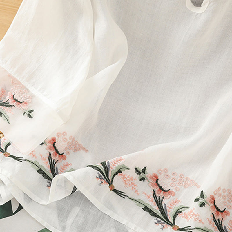 Nimara Ritual Casual Floral Embroidery Crew Neck Women's Frog-Button Polyester Half Sleeve Shirt