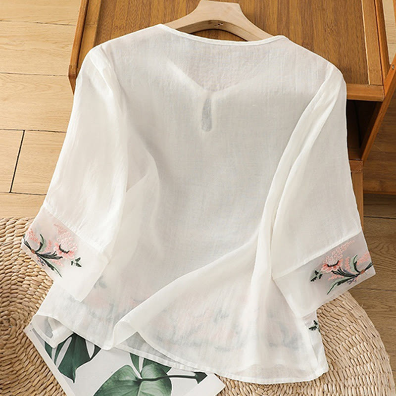 Nimara Ritual Casual Floral Embroidery Crew Neck Women's Frog-Button Polyester Half Sleeve Shirt