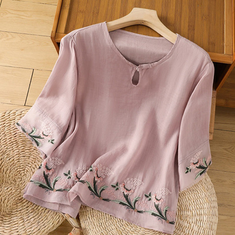 Nimara Ritual Casual Floral Embroidery Crew Neck Women's Frog-Button Polyester Half Sleeve Shirt