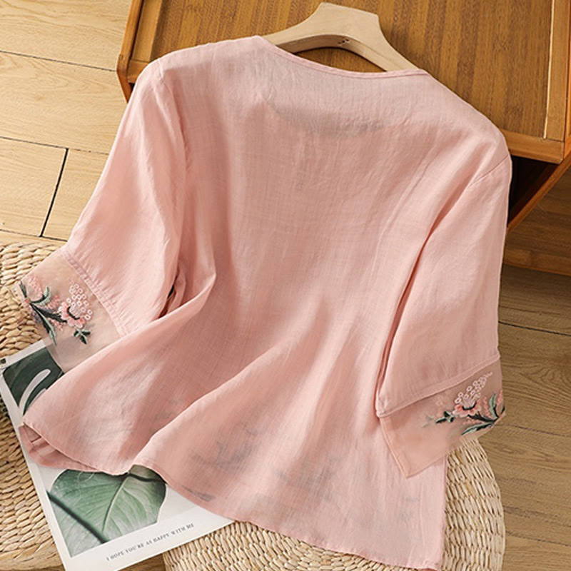 Nimara Ritual Casual Floral Embroidery Crew Neck Women's Frog-Button Polyester Half Sleeve Shirt