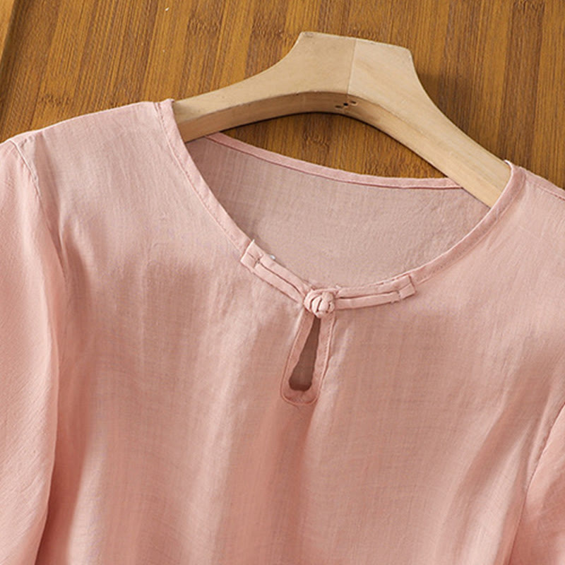 Nimara Ritual Casual Floral Embroidery Crew Neck Women's Frog-Button Polyester Half Sleeve Shirt
