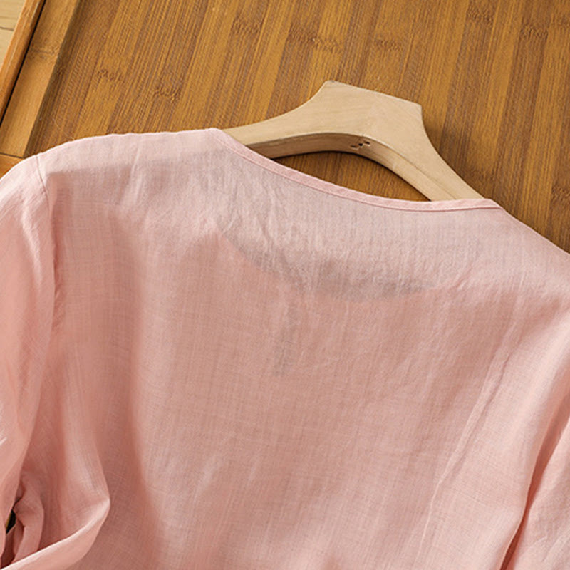 Nimara Ritual Casual Floral Embroidery Crew Neck Women's Frog-Button Polyester Half Sleeve Shirt
