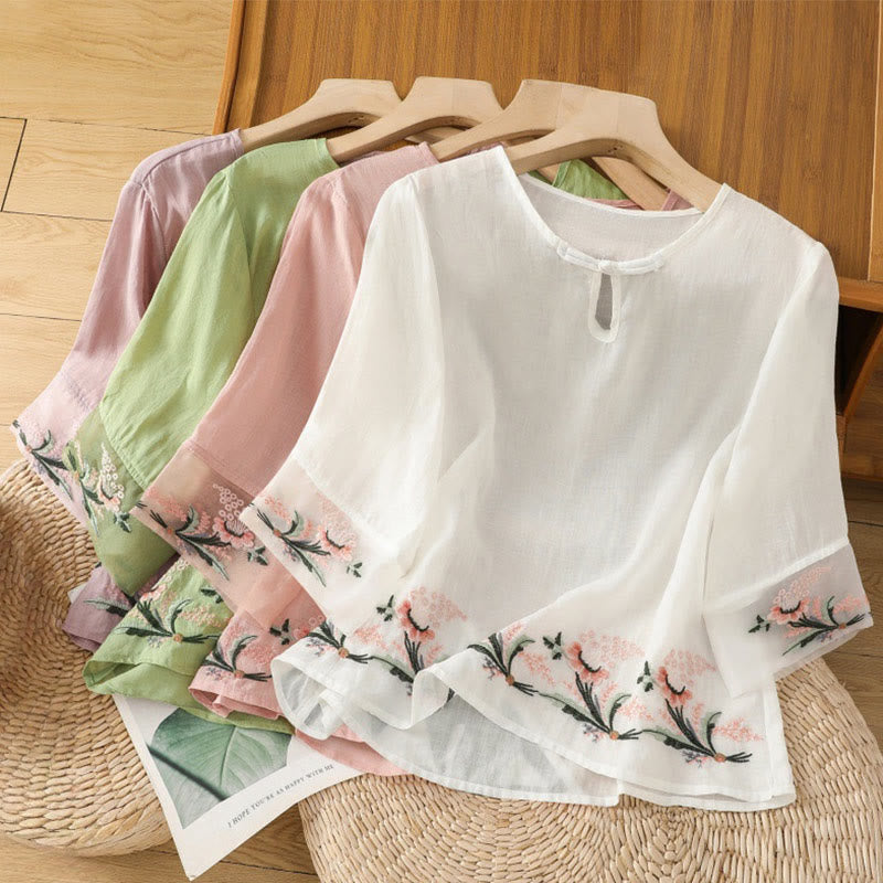 Nimara Ritual Casual Floral Embroidery Crew Neck Women's Frog-Button Polyester Half Sleeve Shirt