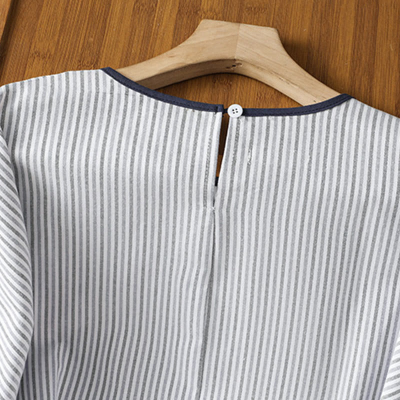 Nimara Ritual Pullover Stripes Crew Neck Design Women's Cotton Short Sleeves Shirt