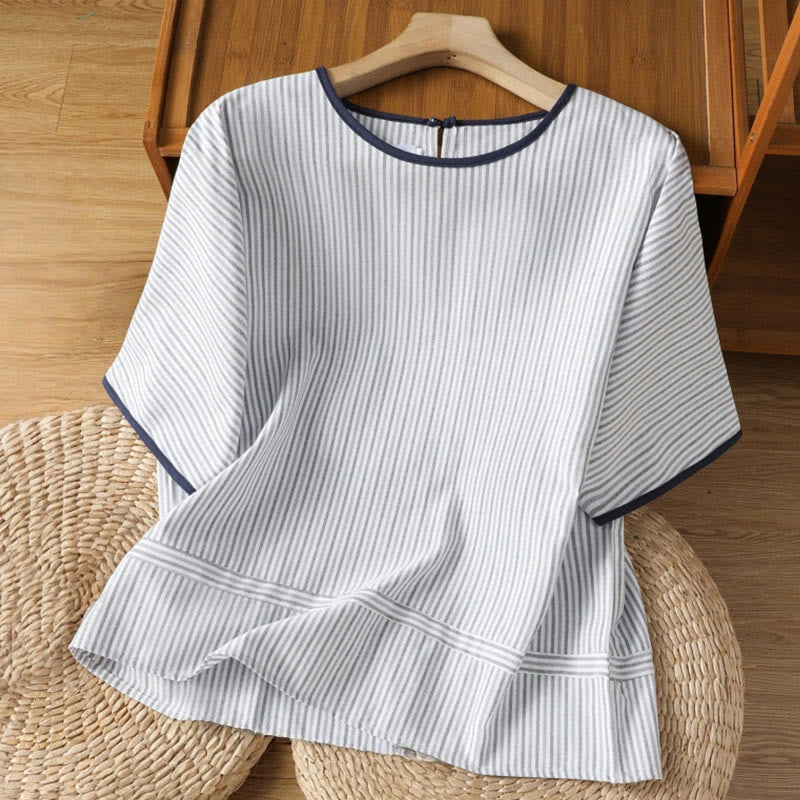 Nimara Ritual Pullover Stripes Crew Neck Design Women's Cotton Short Sleeves Shirt
