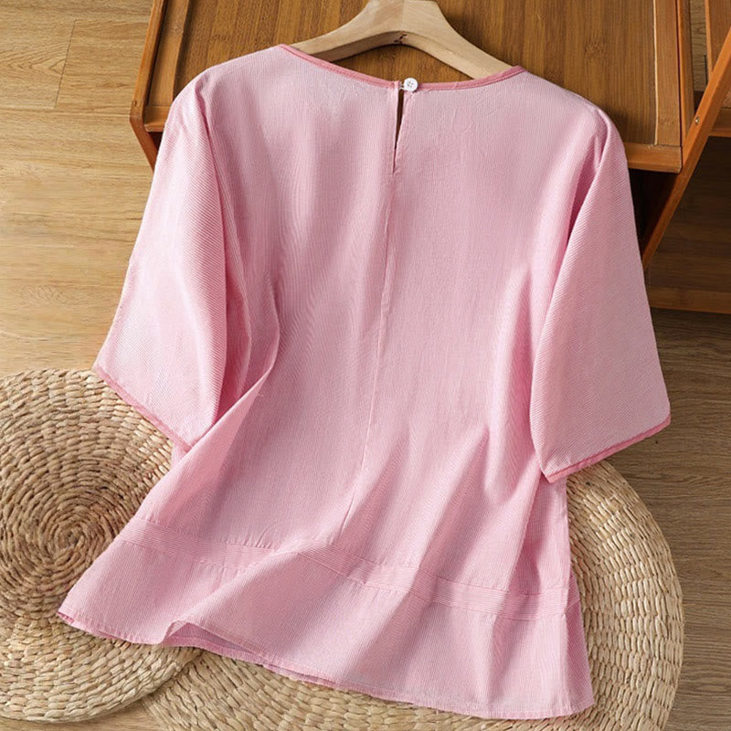 Nimara Ritual Pullover Stripes Crew Neck Design Women's Cotton Short Sleeves Shirt