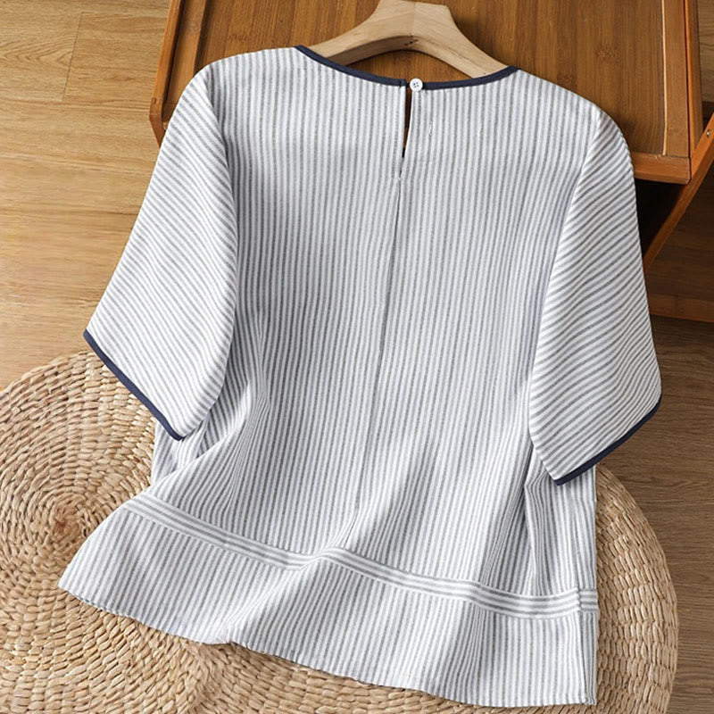 Nimara Ritual Pullover Stripes Crew Neck Design Women's Cotton Short Sleeves Shirt