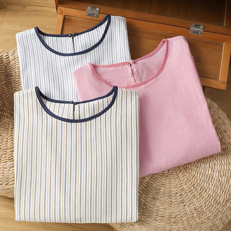 Nimara Ritual Pullover Stripes Crew Neck Design Women's Cotton Short Sleeves Shirt
