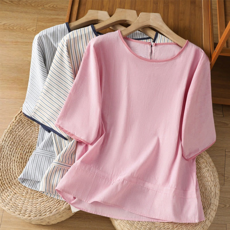 Nimara Ritual Pullover Stripes Crew Neck Design Women's Cotton Short Sleeves Shirt