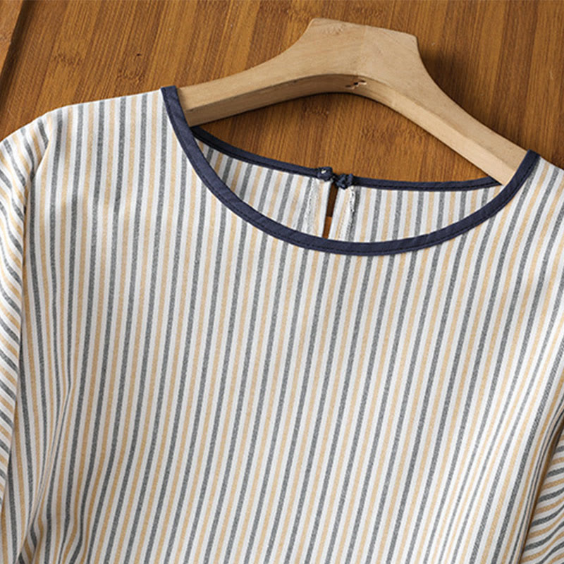 Nimara Ritual Pullover Stripes Crew Neck Design Women's Cotton Short Sleeves Shirt