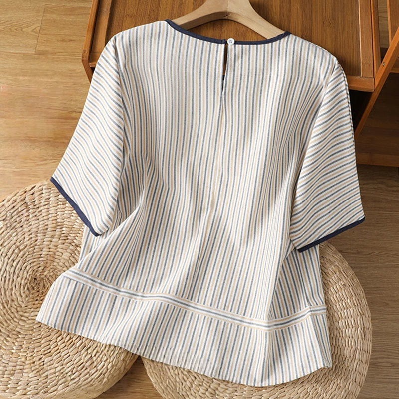 Nimara Ritual Pullover Stripes Crew Neck Design Women's Cotton Short Sleeves Shirt